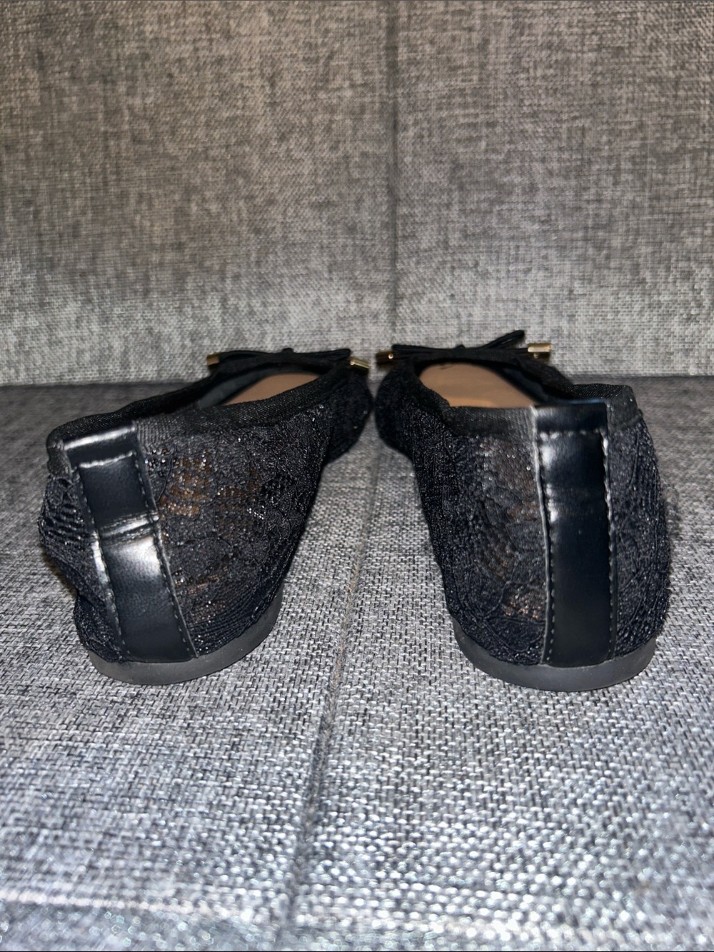 NEW - C est 1946 -Women's Black Lace Ballet Flats with Bow and Metallic Tips - Picture 5 of 8